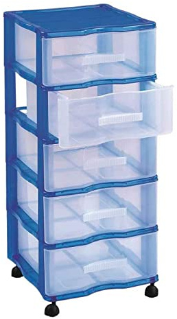 AC - Cajonera de Almacenamiento WGN con Ruedas y 5 cajones, Torre de Almacenamiento Multiusos para Oficina, hogar, Escuela, etc. 83 x 37 x 39 cm - Color Azul - Cajones Transparentes