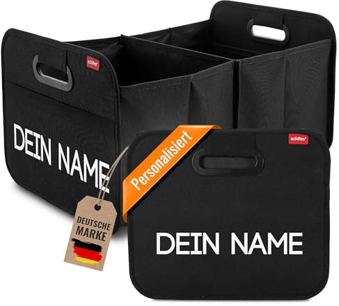 achilles Auto Faltbox mit Name, Kofferraumtasche personalisierbar, Kofferraum-Organizer, Autotasche, Falt-Korb, Kofferraumtasche, Box mit Druck, Schwarz, 50 cm x 32 cm x 27 cm
