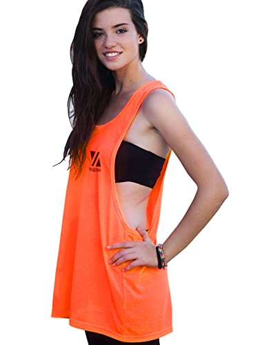 Vibrha Camiseta Deportiva sin Mangas de Mujer de Verano - Top Naranja Fluorescente - Camiseta de Tirantes Larga para Gym y Baile con Espalda de Nadador S