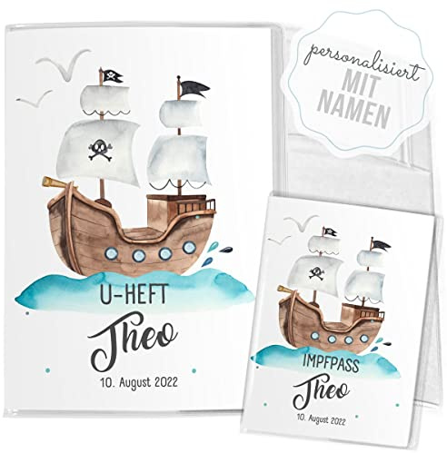 Mikalino Hülle für U-Heft + Impfpass Niedliches Piratenschiff auf dem Meer (Name, Datum) Impfpasshülle & Schutzhülle, Grösse:U-Heft Set 3-teilig personalisiert, Farbe:7019_Pirat