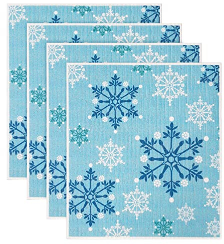 Whaline 4Pcs Christmas Swedish Dishcloths White Blue Snowflake Kitchen Dish Towel Reusable Washable Cotton Winter Kitchen Towels for Christmas Winter Holiday Baking Cooking, 6.7 x 7.7Inch