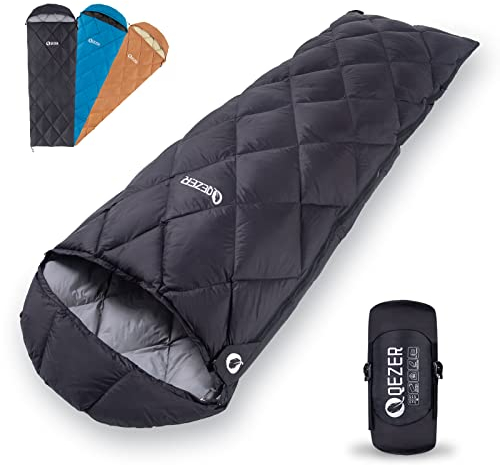QEZER Sommer Schlafsack, Ultraleicht Schlafsack Kleines Packmaß mit 600FP Daunen für Erwachsener und Kinder Camping, Trekking und Wandern Outdoor (Schwarz) (Schwarz)