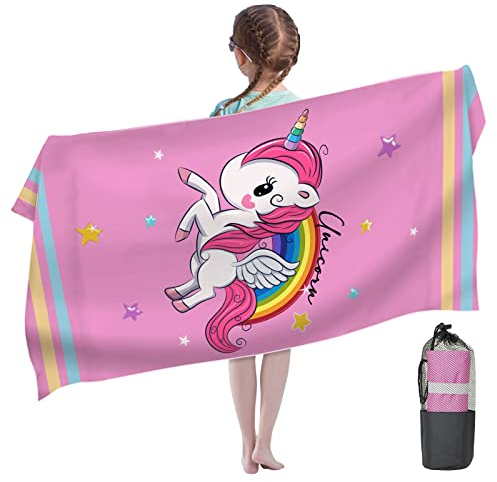 LXTOPN Toalla de playa de unicornio, toalla de playa de microfibra para niñas, 80 x 160 cm, toalla de baño infantil, toalla de ducha de secado rápido, con botones y banda elástica