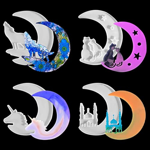 HyzaPhix 4pcs Resin Moulds Crescents Moon Silicone Mould Pendant Epoxy Casting Molds Unicorn Wolf Couple Cat Castle for DIY Wall Home Decor
