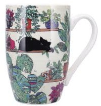 KIUB Großer Becher aus Porzellan, abgerundet, Motiv Katze auf einem Regal, Höhe 12 cm, Fassungsvermögen 490 ml, farblich sortiert