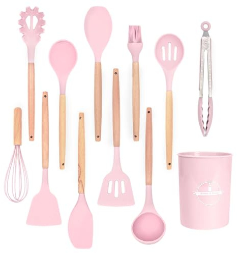 Intirilife 12-teiliges Küchenutensilien Set Küchenhelfer aus Silikon in Rosa - 12.5 x 32.5 cm - Antihaft Hitzebeständiges Kochbesteck mit Zange Schneebesen Pfannenwender Pinsel Schöpfkelle