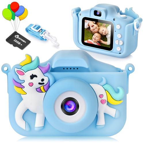 Barnkamera, ARNSSIEN Digital Camera for Kids, 1080P HD IPS Video Camera leksaksgåva för barn i åldrarna 3-12 år, Hållbar Kreativ Födelsedags- och Julklappsideal, 10 pusselspel och 32 GB minneskort.
