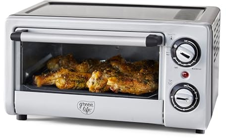 GreenLife Countertop Toaster Oven Air Fryer Stainless Steel, Healthy Ceramic Nonstick, PFAS Free, Tray & Basket, Bake, Broil, Reheat, Adjustable Temp & Time Control, Auto Shutoff, Black