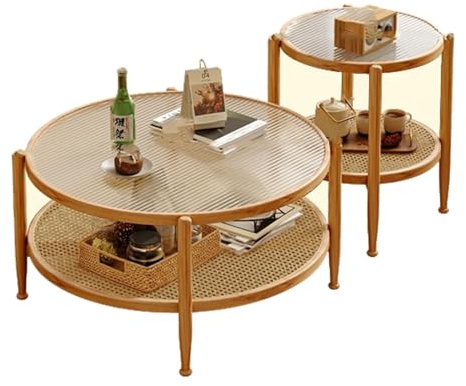 FairyHover 2 Stück Couchtische, Satztische Für Wohnzimmer, Industrieller Beistelltisch, Runder Beistelltisch, Retro-Beistelltisch, Massivholzmöbel Für Wohnzimmer B,80+50CM