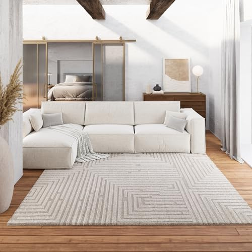 Wecon Home Hillmar Kurzflorteppich, 160 x 230 cm, Creme beige | gewebter pflegeleichter Teppich im Labyrinth Design ideal für Wohnzimmer, Schlafzimmer und Arbeitszimmer