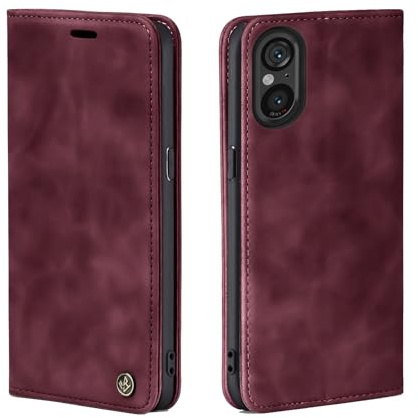 LBH Handyhülle für Sony Xperia 5 V in Weinrot mit Karten- und Geldfach Smartphone Hülle mit Standfunktion Flip Case Schutzhülle Magnetverschluss Vintage