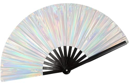 Laser Rave Folding Hand Fan,Silver Large Festival Fan,PVC Laser Film | Christmas Day,Halloween,Drag Queen,Stage Photography Props Dance Fan Rave Festival Accessories Kung Fu Folding Fan