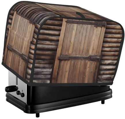 Rustikale Holztür-Toaster-Abdeckung, 2 Scheiben, Küchen-Abdeckungen für kleine Geräte mit Taschen, Toaster-Staubschutz mit Tragegriff oben, waschbar, Universal-Brotbackmaschinen-Abdeckung für Küche