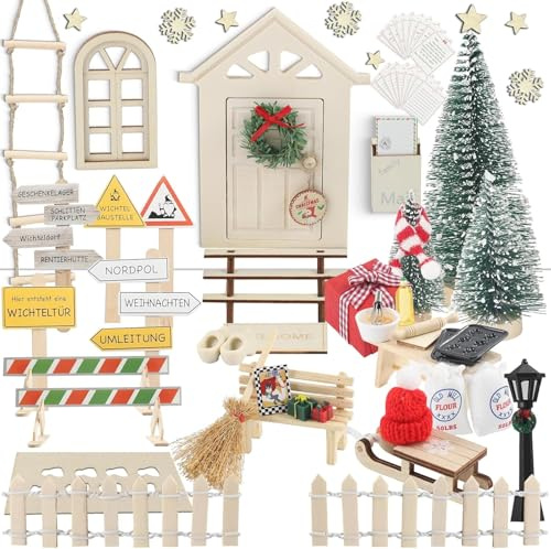 AIVORO Wichteltür Set, Wichtel Set Weihnachten Komplett, Wichtel Baustelle, Wichtel Schablone, Schaukelt, Backset, mit Miniatur Briefkästen, Zäun, Kranz