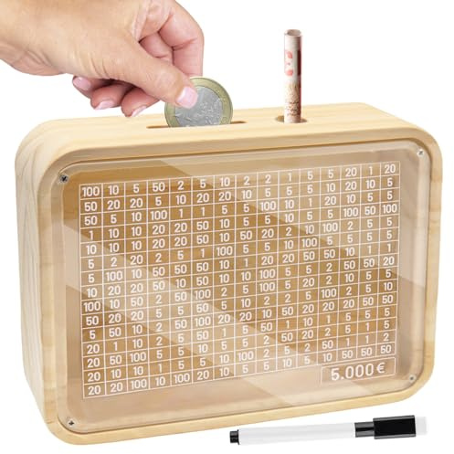 Spardose Holz, Sparbox mit Sparziel und Zahlen zum Ankreuzen, Spardose Sparbox mit Zahlen, with Ziel, €5,000 Euro Keine Montage Sparschwein für Hilft Erwachsene und Kinder Die Gewohnheit Zum Sparen