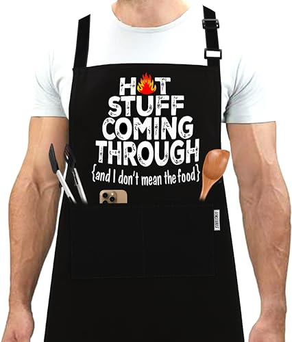 GENSTORES Funny Grilling Aprons for Men with Pockets BBQ Novelty Cooking Aprons for Son, Grandad Baking Aprons Christmas Fathers Day Gift For Men Birthday Gifts-Hot Stuff Coming