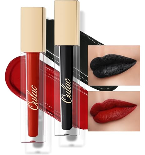 Oulac Flüssiger Matt Lippenstift Set - Schwarz Rot Lippenstifte, Langanhaltend mit Kussechter, Intensiver Farbabgabe, präzisem Applikator, Mattem Finish, M01+M23