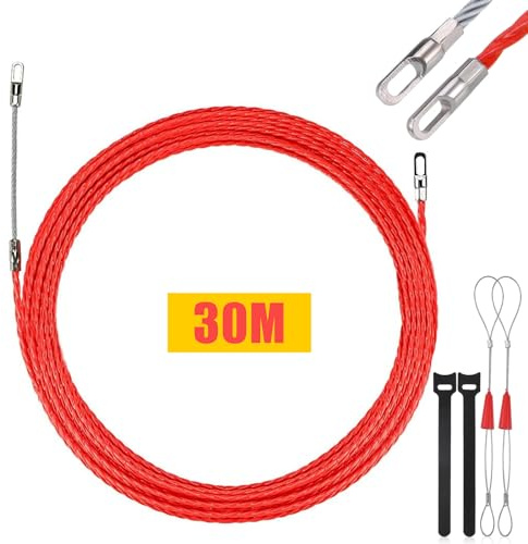 Cavo Lakigoes Sonda Passacavi Spiralata 30m: Spirale professionale Ø4,5mm, 100% Poliestere, 2 molle guida, ideale per impianti elettrici in tubi vuoti. Rosso.