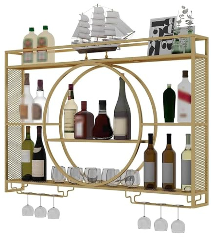KEPMOGOH Modern Wall Mounted Wine Rack, Metal Wine Bottle Rack, Glass Rack Iron Display Stand, Wine Holder With Shelves, Champagne Stemware Glass Storage Rack For Bar Restaurant (Gold, 140CM/55IN)