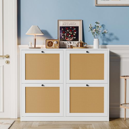 Yvsevnr Schuhschrank Geschlossen Holz Schuhkipper mit 4 Rattan Klappen | Schuhkommode Flur für 16-24 Paar Schuhe, Verstellbaren Trennwänden, Kippschutz, für Wohnzimmer Schlafzimmer 102x23x84 cm