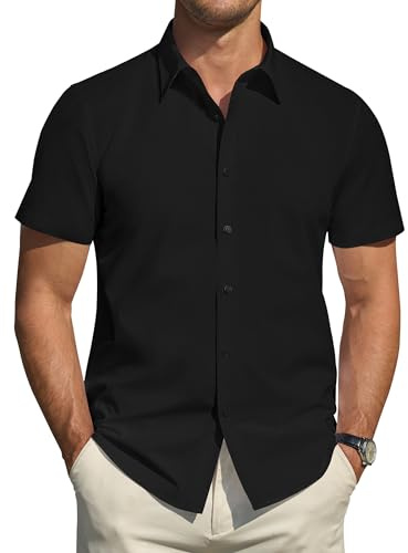 J.VER Short Sleeve Shirts Men Stain Shield Dress Black Shirts Men Regular Fit Stretch Non Iron Business Work Office Casual Formal Summer Shirt 2XL