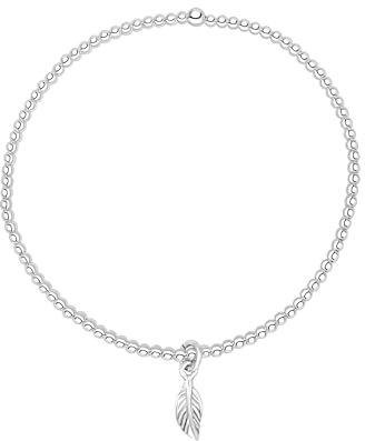 Silverly Sterling Silver Feather Charm Ball Bead Stretch Bracelet - Elegant Stacking Beaded Bracelets for Women - Simple Minimalist Elastic Design - 925 Silverly Boho Jewellery Gift for Daughter