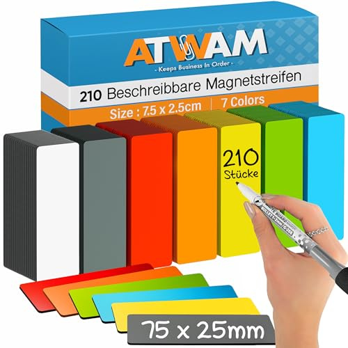 ATWAM 210 Magnetiska Remsor Skrivbara - 75 x 25 mm - 7 Färger - Scrum & Kanban - Magnetiska Skrivbara - För Whiteboard, Magnettavla, Kylskåp