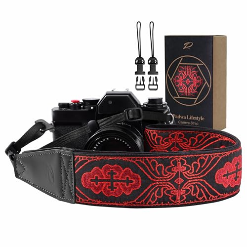 Padwa Lifestyle Kameragurt - 2“ Vollnarbenleder Kameragurte für Fotografen, Bestickt Baumwollgewebe weiches Wildleder Stoff gepolstert Riemen Schnellspanner passt alle Kameras - Rote dekorative