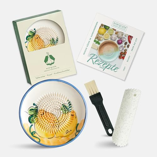 Evergrate® Keramikreibe Melissa mit Geschenkbox – mit Reibe, Knoblauchschäler, Rezeptheft & Pinsel – Handgefertigt für Ingwer, Knoblauch & mehr – Spülmaschinenfest & langlebig