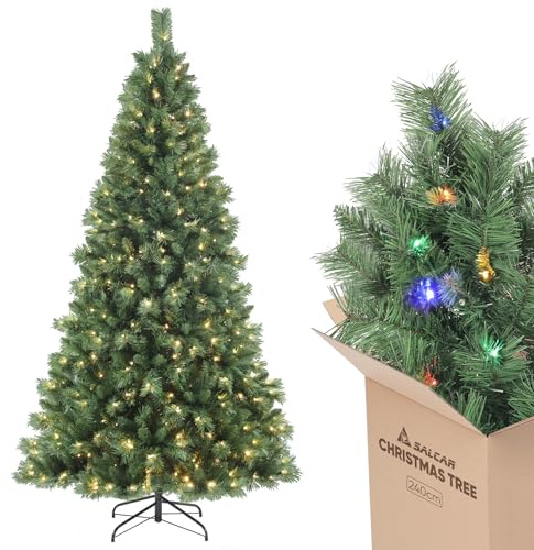 SALCAR 8ft Pre-lit Artificial Christmas Tree – 9 Lighting Modes & Remote Control │ 868 PVC Tips Spruce‑Pine Tree with 380 Warm White & Multicolor LEDs │ 240 cm Quick Setup for Festive Holiday Décor