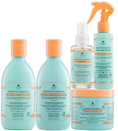 Nature Spell Growth Complex Hair Growth Set, Includes Shampoo, Conditioner, Mask, Leave-In & Oil with Hyaluronic Acid and Vitamin B5, For All Hair Types, Colour Safe, Vegan, Pack of 5
