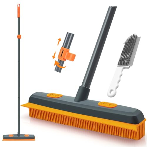 TidyBliss Pet Hair Removal Broom, 57.5 inches Rubber Brush Carpet Rake with Silicone Squeegee, Fur Remover Tool with Detailing Lint Comb for Cleaning Rug, Tile, Hardwood Floor (Gray Orange)