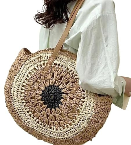 ZSREYFNB Strohtasche Stroh Häkeln Runde Schulter Frauen Tasche Strand Modische Einfache Freizeit Reise Handtasche Totes Runde Strohtasche(Noir)