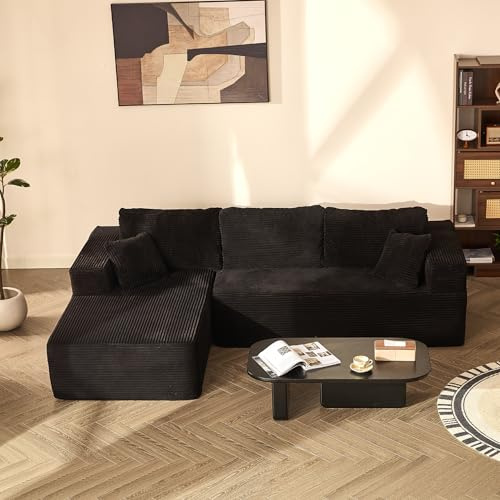 Litbird 272cm L-Shaped Boneless Sofa, Corduroy Fabric, Black