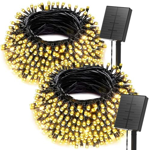SOLARBABY Luci Natale Esterno Solare, 2×20M 200LED Catena Luminosa Esterno Solare,8 Modalità Impermeabili luci Solari da Giardino Decorative per Natale Albero Patio,Bianco Caldo