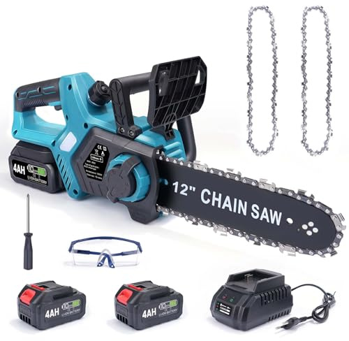 Akku Kettensäge 12 Zoll, 2x4000mAh Elektro Kettensäge | 1000W Bürstenloser Motor | Kompatibel mit Makita 18V Akku | Automatische Kettenschmierung | Werkzeuglose Kettenspannung | 30cm Schwertlänge