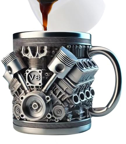 Bkljkf Motoren Edelstahlbecher V8 Realistischen Design Kaffeebecher Edelstahl Und Harz Neuartiger Edelstahls-Kaffeebecher Mit Automotor Als Geschenk Für Autoliebhaber