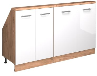 Vicco Küchenschrank für Dachschrägen R-Line, Weiß Hochglanz/Goldkraft Eiche, 140 cm 2er Set