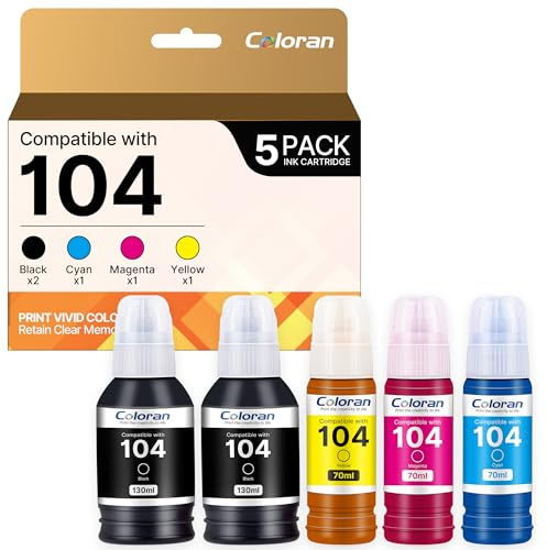 Coloran 104 Inchiostro Compatibile con Cartucce Epson 104 Ecotank Multipack per ET-5150 ET-1810 ET-2726 ET-2810 ET-2811 ET-2812 ET-2814 ET-2815 ET-2820 stampante (Nero Ciano Magenta Giallo, 5-Pack)