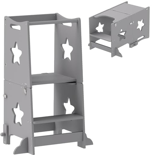 AIYAPLAY Toddler Step Stool, Standing Tower, 2 in 1 Toddler Step with Safety Rail, for Kitchen, Bathroom, Counter, Grey