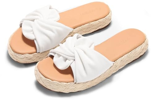 Coutgo Womens Platform Espadrilles Sandals Bow Twist Open Toe Slip On Slides Summer Beach Shoes, White, Size 7