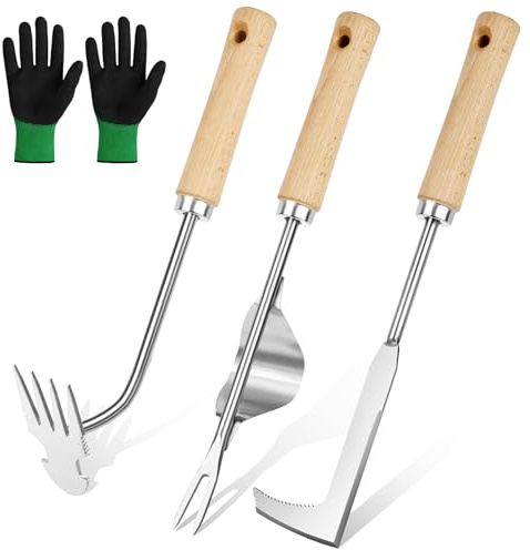 Adiwo Desherbeur Manuel, 4 Pièces Couteau Désherbeur, Desherbeur en Acier Inoxydable, avec Manche en Bois, Arrache Mauvaise Herbe pour Désherbage dans Les Jardins, Parcs et Potagers