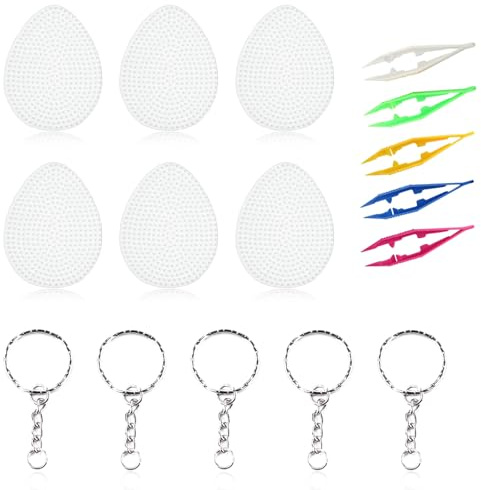 Scinzene bügelperlen ostern platten Set mit Ostermotiven 16 Teile eiförmige Vorlagen 9x7cm vielseitige Bastelplatten Zubehör mit Pinzetten und Schlüsselringen für kreative Perlenprojekte