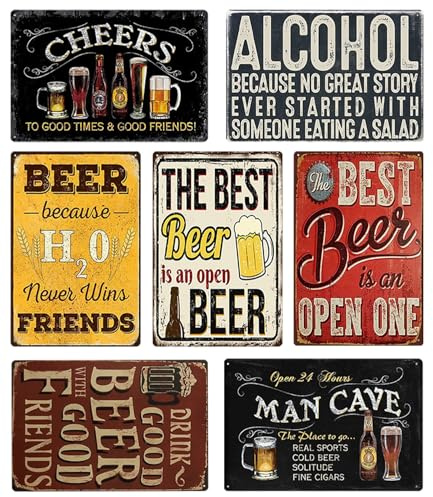 7 Pcs Bar Signs for Home Bar Funny Vintage Metal Wall Art Tin Sign 12x8'' | Pub Signs with Funny Beer & Alcohol Designs for Man Cave Decor Garage Sign Outdoor Garden Plaque Decor