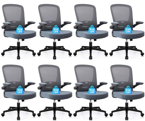 CLATINA Desk Chairs with Wheels, Flip Up Arms Ergonomic Mesh Back Office Chair with Lumbar Support, Adjustable Height Swivel Rolling Computer Task Chairs for School Conference Meeting, Grey, 8 Pack