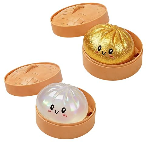 Dumpling Squishy 2 Stück, Squeeze Dumpling Mystery mit Dampfgarer, Bunt Glitzer Anti Stress Spielzeug Antistressball für Kinder & Erwachsene, Sensory Toys für Stressabbau, Geschenke (2 Stück A)