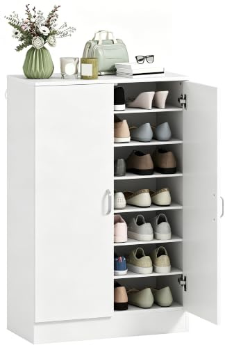 HOMCOM Schuhschrank mit 2 Türen, Schuhregal 70 x 35 x 108 cm Weiß | Schuhaufbewahrung, 6 Verstellbare Ablagen, Schuhkommode, Soft-Close-Funktion, für 21 Paar Schuhe