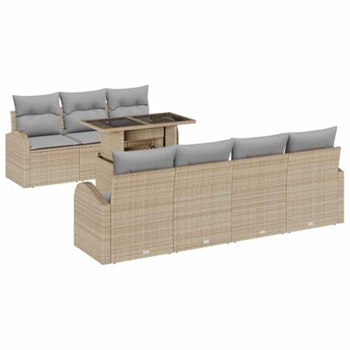 QJBSAVVA 8-teiliges Gartensofa-Set mit Kissen Beige Poly-Rattan Sitzgruppe modern höhenverstellbarer Tisch Gartengarnitur für Terrasse und Balkon 7-Sitzer Lounge-Set