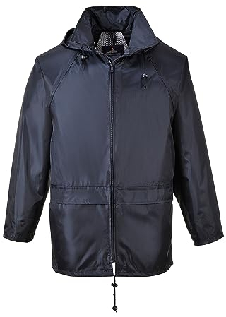 Portwest S440 Men's Classic Waterproof Rain Jacket with Packaway Hood - Lightweight Breathable Outdoor CE Certified Raincoat, Navy, L