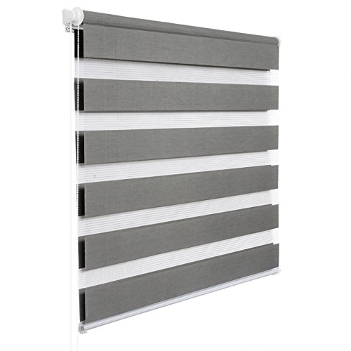 WOLTU Doppelrollo Klemmfix ohne Bohren Holzlook Grau B90 x H150 cm, Duo Rollo Zebrarollo Fensterrollo Klemmrollo Seitenzugrollo Easyfix lichtdurchlässig & verdunkelnd Rollos für Fenster und Tür